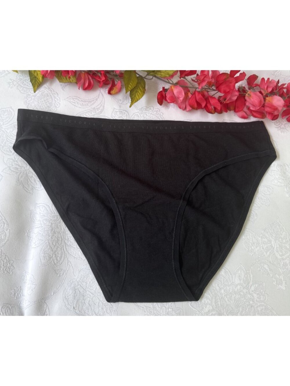 VICTORIA'S SECRET L LARGE BLACK COTTON MIX BIKINI CLASSIC THIN BAND PANTIES NWT